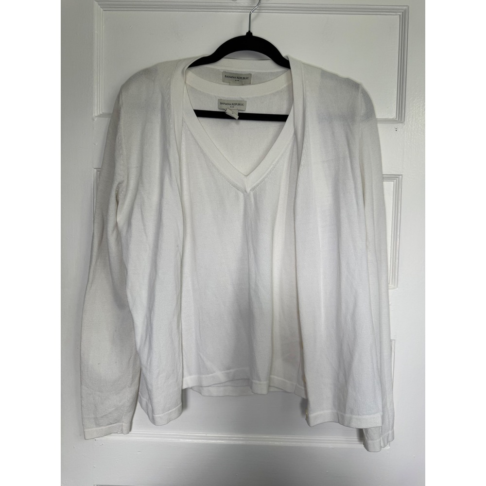 Banana Republic White Twin Set Cardigan and V-Neck Tank Top Rayon Blend Size M